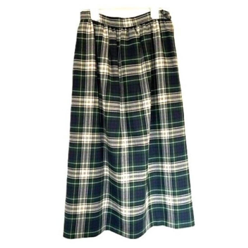 Retro vintage classic Plaid Midi Skirt - Green and White